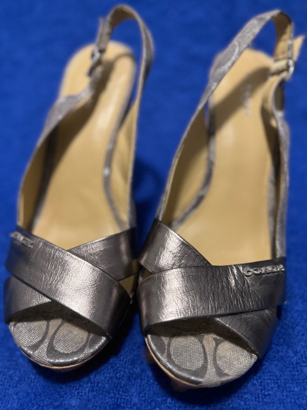 COACH FERRY WEDGES: Metallic Gray Slingback Sandals - Women
